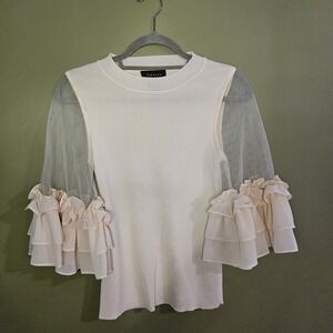 Gracia‎ Ruffle Puff Sleeve Blouse Women's Small Off White Sheer Tencel